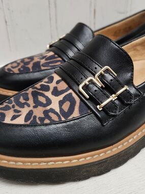 Naturalizer Eiffle Size 8 Black Leather Leopard Print Loafers Shoes W/Buckles